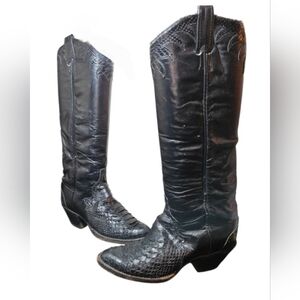 Vintage Larry Mahan Women's  Black Python Snakeskin Leather Cowgirl Boots Size 6